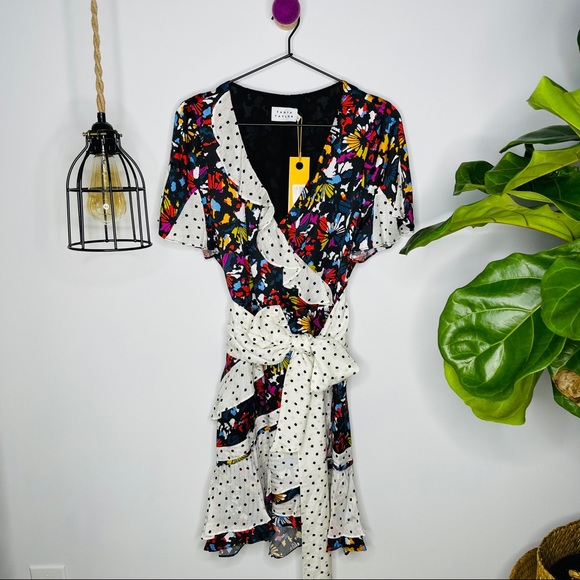 NWT Tanya Taylor - Bianka Mixed Print Wrap Mini Dress 6 - Picture 2 of 12